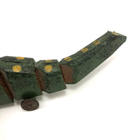 Wonderful Old Painted Wooden Folk Art Crocodile  on Tin Wheels