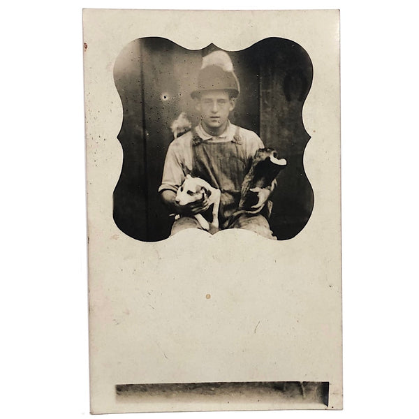 Young Man with Many Animals, Curious Old Real Photo Postcard