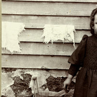 Proud Girl with Doll in Carriage, Wash Buckets, Linens on Clothesline, Antique Mounted Albumen Photo