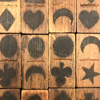 Gorgeous Antique Folk Art Wooden Dominoes/Matching Game with Best Array of Black Stained Shapes