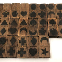 Gorgeous Antique Folk Art Wooden Dominoes/Matching Game with Best Array of Black Stained Shapes