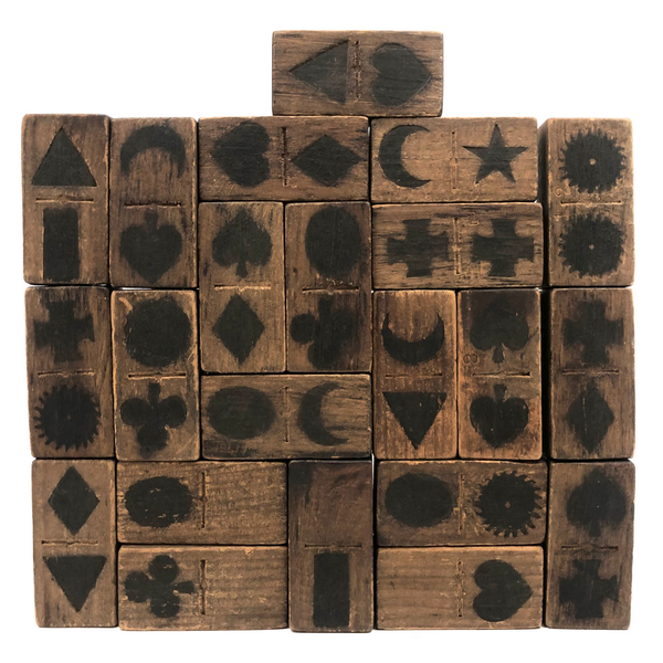 Gorgeous Antique Folk Art Wooden Dominoes/Matching Game with Best Array of Black Stained Shapes