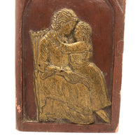 Antique Relief Carved Folk Art Book Shaped Box with Mother, Daughter, and Slide Opening Back