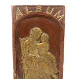 Antique Relief Carved Folk Art Book Shaped Box with Mother, Daughter, and Slide Opening Back