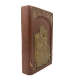 Antique Relief Carved Folk Art Book Shaped Box with Mother, Daughter, and Slide Opening Back