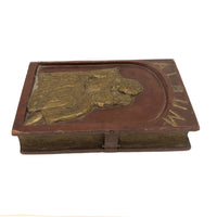 Antique Relief Carved Folk Art Book Shaped Box with Mother, Daughter, and Slide Opening Back