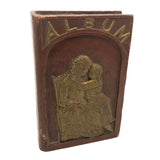 Antique Relief Carved Folk Art Book Shaped Box with Mother, Daughter, and Slide Opening Back