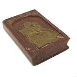 Antique Relief Carved Folk Art Book Shaped Box with Mother, Daughter, and Slide Opening Back