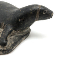 Richly Patinated c. 1960s Inuit Stone Seal Sculpture Signed Devie