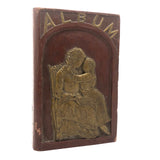 Antique Relief Carved Folk Art Book Shaped Box with Mother, Daughter, and Slide Opening Back