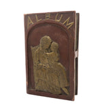 Antique Relief Carved Folk Art Book Shaped Box with Mother, Daughter, and Slide Opening Back