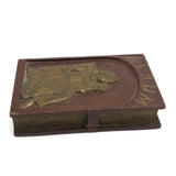 Antique Relief Carved Folk Art Book Shaped Box with Mother, Daughter, and Slide Opening Back