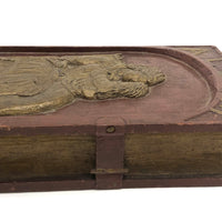 Antique Relief Carved Folk Art Book Shaped Box with Mother, Daughter, and Slide Opening Back