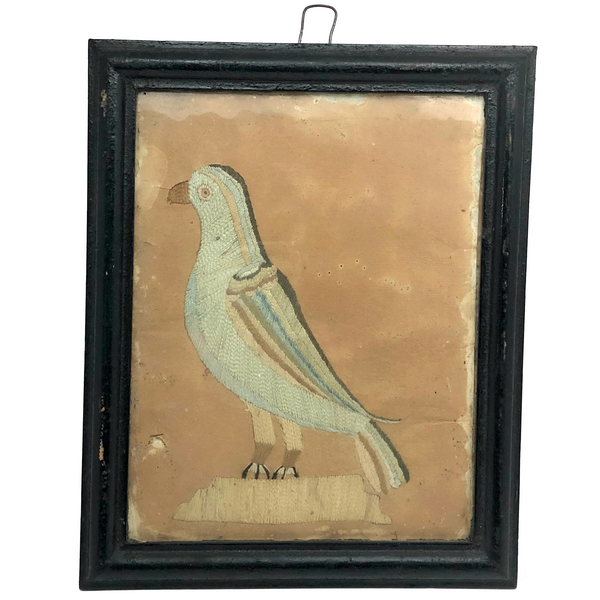 Wonderful Early 19th C. American Embroidery of Bird on Laid in Early Frame and Glass