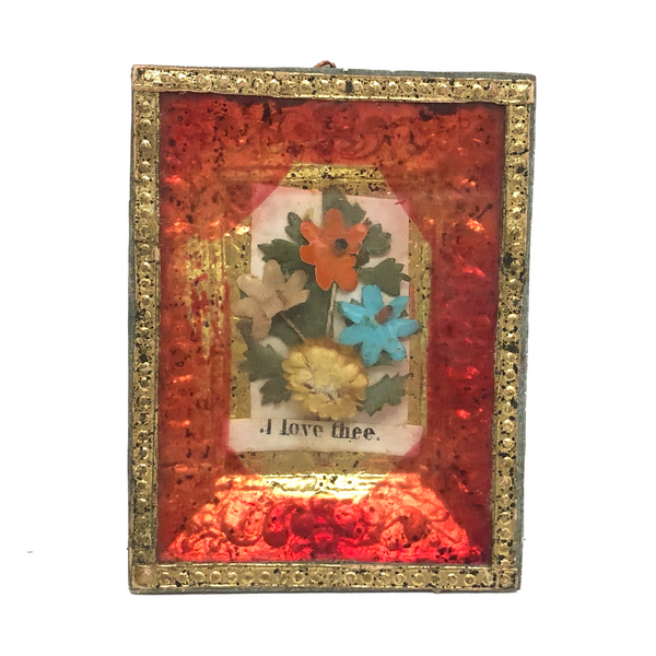 I Love Thee, Mid 19th Century Forget Me Not, Foil and Paper Flowers Under Glass