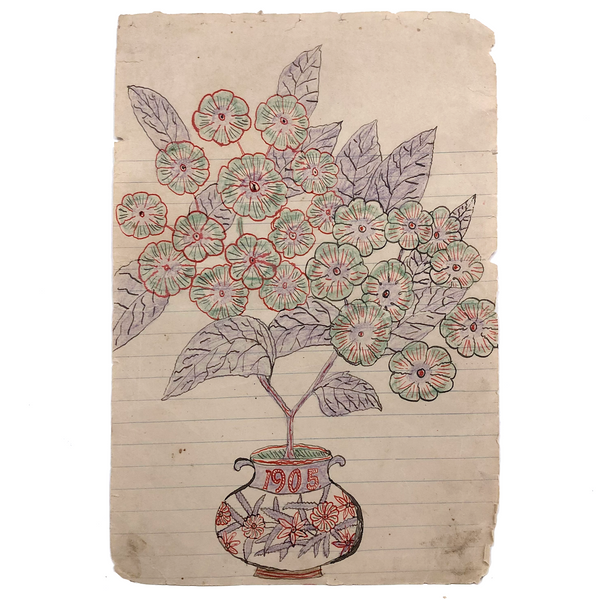 Exuberant Stalk of Flowers in Dated, Flower Decorated Vase, 1905 Ink and Crayon Drawing, JH Adair, PA