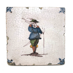 Early Polychrome Dutch Tin Glazed Tile, Man with Rifle and Rifle Stand