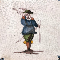 Early Polychrome Dutch Tin Glazed Tile, Man with Rifle and Rifle Stand