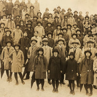 Hats and Braids and Umbrellas, Atmospheric Japanese Mounted Group Photograph with School Photo on Reverse