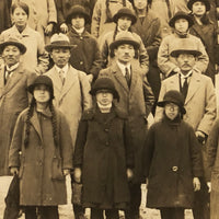 Hats and Braids and Umbrellas, Atmospheric Japanese Mounted Group Photograph with School Photo on Reverse