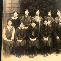 Hats and Braids and Umbrellas, Atmospheric Japanese Mounted Group Photograph with School Photo on Reverse