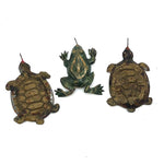 Group of Three Little Squished Painted Tin Toys: Turtles and a Frog