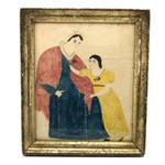 Mother and Daughter, Marvelous Early 19th Century Folk Art Watercolor in Lemon Gold Frame