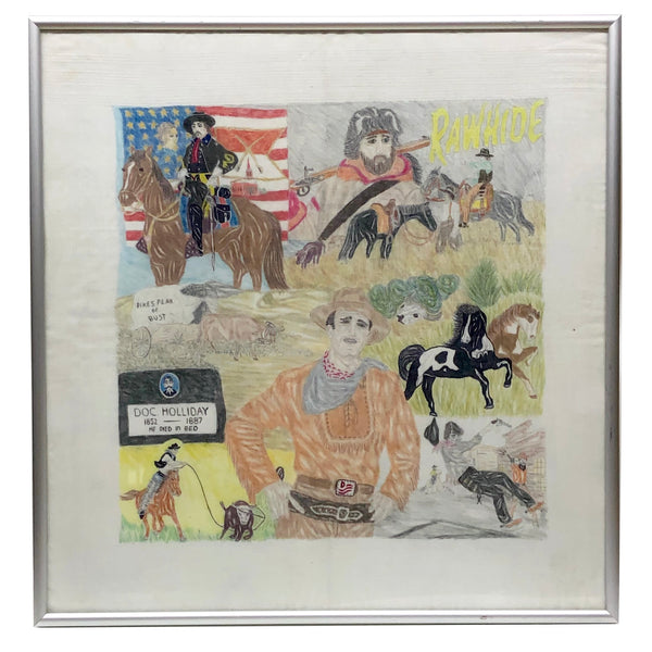 Pure Americana, Hand-drawn Folk Art Homage to Doc Holliday on Handkerchief, Framed as Found