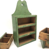 Three Drawer Hanging Chest in Original Green Paint with Hand-carved Pulls