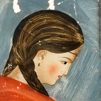 SOLD 19th C. Reverse Glass Portrait of Woman in Red, White and Blue