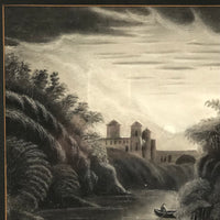 Fantasy Landscape with Boater: 19th Century Sandpaper Drawing, Framed as Found