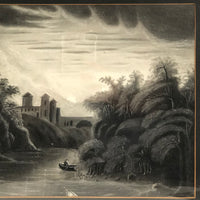 Fantasy Landscape with Boater: 19th Century Sandpaper Drawing, Framed as Found