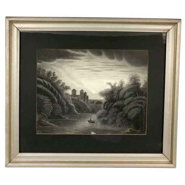 Fantasy Landscape with Boater: 19th Century Sandpaper Drawing, Framed as Found