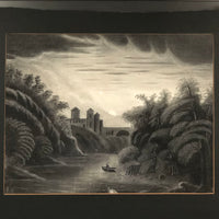 Fantasy Landscape with Boater: 19th Century Sandpaper Drawing, Framed as Found