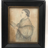 Early Graphite Folk Art Portrait, Framed