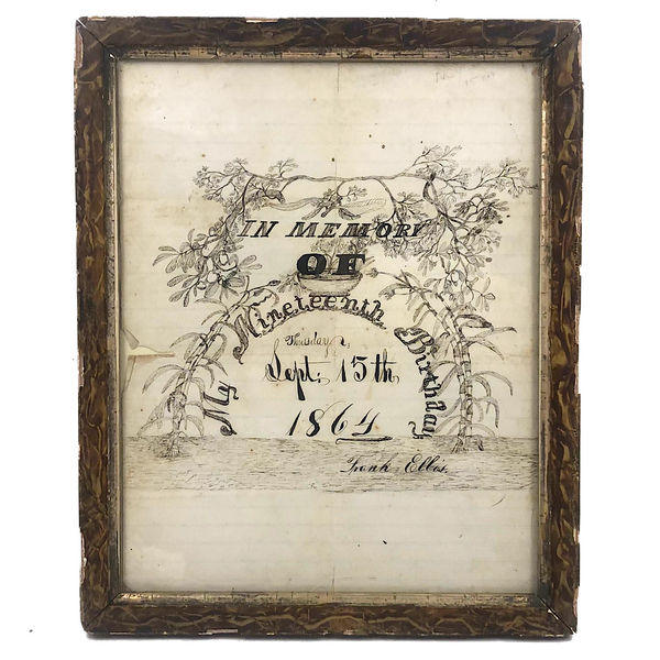 In Memory of My 19th Birthday, 1864, Ink Drawing in Period Frame