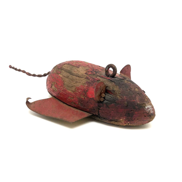 Red Mouse (or Bat?), Fabulous Old Folk Art Ice Fishing Lure