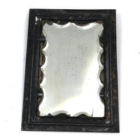 19th Century Thick, Scallop Edged Shaving Mirror in Original Tin and Leather Frame