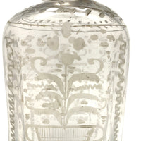 Wonderful Early Etched Glass Bottle/Flask with Flowers in Urns and Threaded Neck