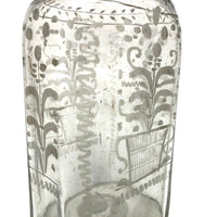 Wonderful Early Etched Glass Bottle/Flask with Flowers in Urns and Threaded Neck