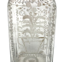 Wonderful Early Etched Glass Bottle/Flask with Flowers in Urns and Threaded Neck