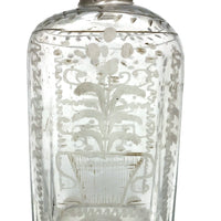 Wonderful Early Etched Glass Bottle/Flask with Flowers in Urns and Threaded Neck