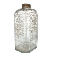 Wonderful Early Etched Glass Bottle/Flask with Flowers in Urns and Threaded Neck