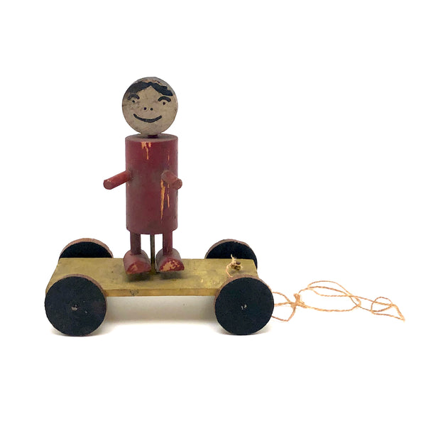 Red Man, Yellow Cart, Sweet Old Folk Art Pull Toy