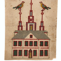 Striking 19th Century Pennsylvania Punch Paper Embroidery with Building and Birds