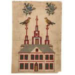 Striking 19th Century Pennsylvania Punch Paper Embroidery with Building and Birds