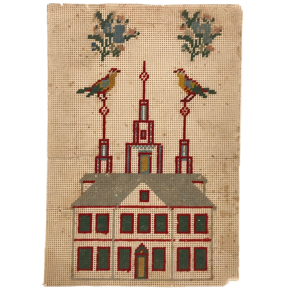 Striking 19th Century Pennsylvania Punch Paper Embroidery with Building and Birds