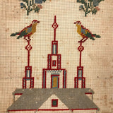 Striking 19th Century Pennsylvania Punch Paper Embroidery with Building and Birds