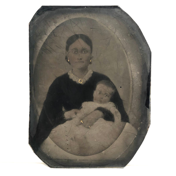 Soulful Looking Woman with Lace Collar, Gold Jewelry and Child, 19th C. Full Plate Folk Art Tintype