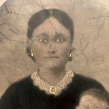 Soulful Looking Woman with Lace Collar, Gold Jewelry and Child, 19th C. Full Plate Folk Art Tintype